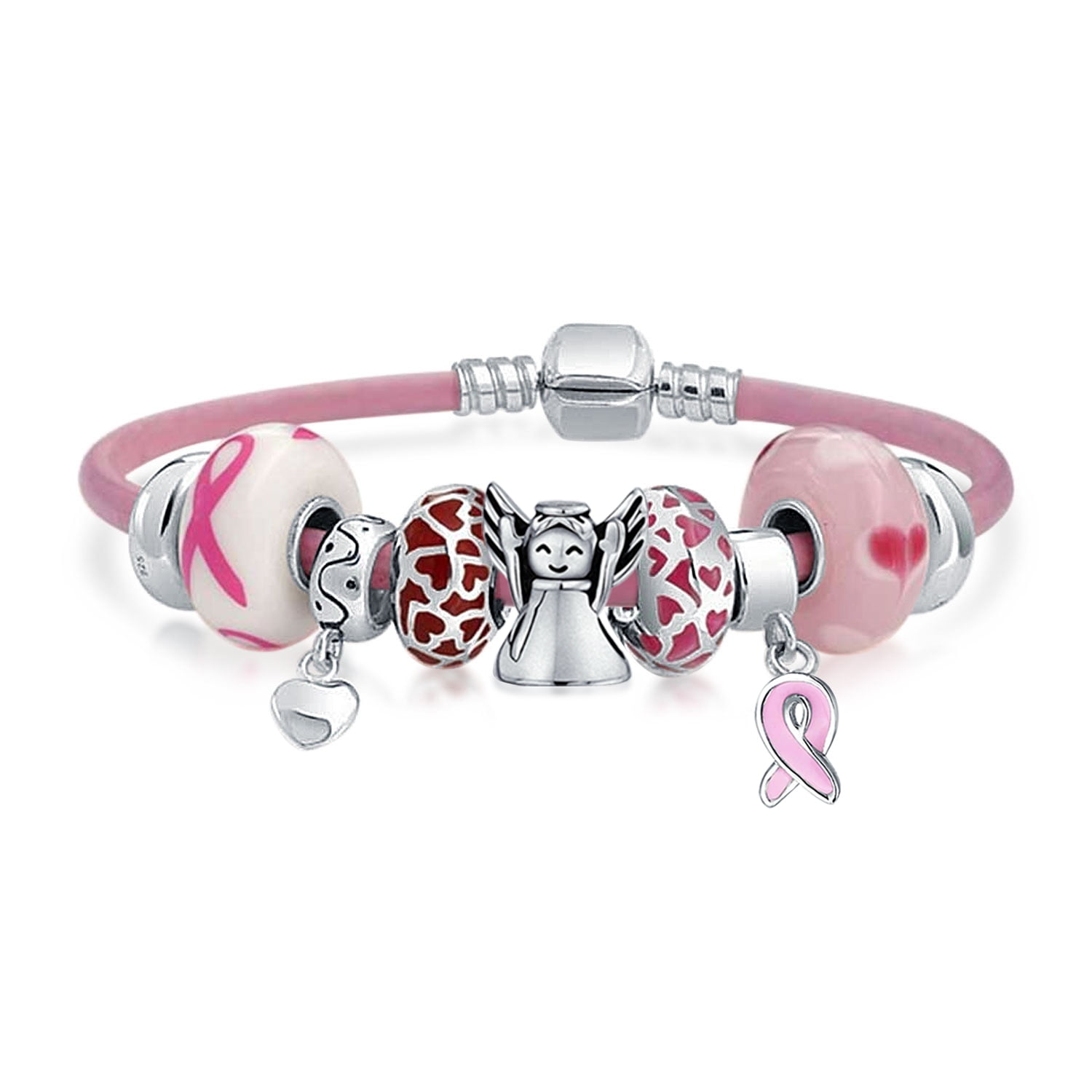 Breast Cancer Survivor Pink Charms Bracelet Leather Sterling