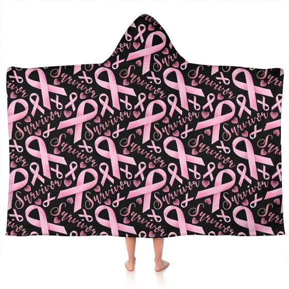 Breast Cancer Survivor Pink Ribbon Black Hooded Bath Towel，50"x30" for Ages 3 To 12 Kids, Quick Dry Lightweight Soft Microfiber Hood Beach Towel Cover Up for Kids