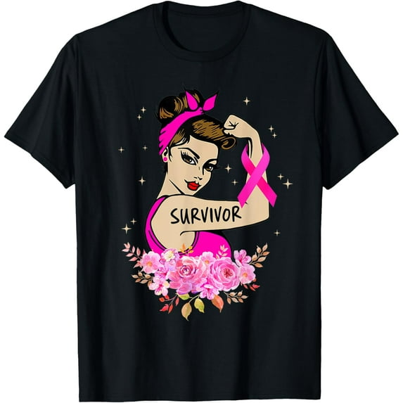 Breast Cancer Survivor Rosie Riveter Pink Awareness Women T-Shirt100% cotton short-sleeved shirt for both men and women