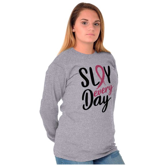 Breast Cancer Survivor Slay Every Day Women Plus Size Long Sleeve Graphic Tee Brisco Brands 3X