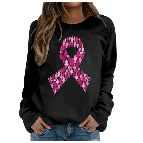 Breast Cancer Sweatshirt Women Pink Ribbon Graphic Tee Inspirational Breast Cancer Awareness Long Sleeve Tee Tops Crew Neck Pullover (Black, M)