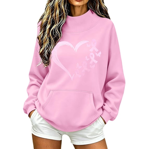 Breast Cancer Sweatshirt for Women Pink Ribbon Long Sleeve Tops,Breast Cancer Awareness Sweatshirts In October We Wear Pink Tshirt Pink Cancer Support Sweaters,Pullover with Kangaroo Pocket Pink