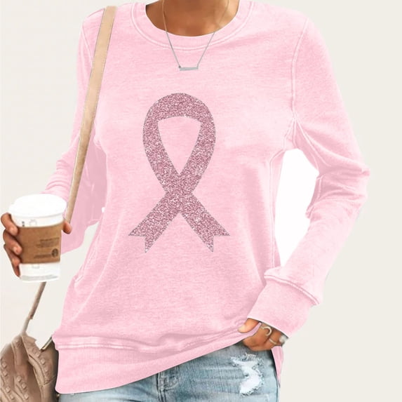 Breast Cancer Sweatshirt for Women Pink Breast Cancer Awareness Shirt Letter Ribbon Graphic Long Sleeve Pullover Tops Pink L