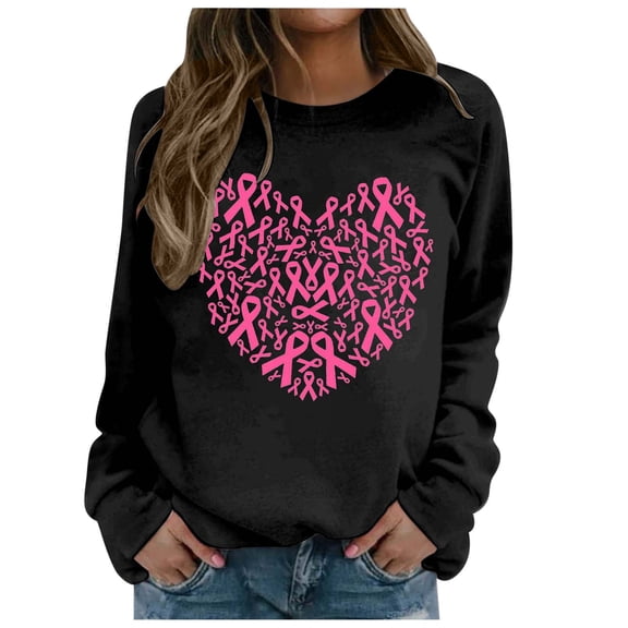Cancer Sweatshirt for Women Pink Ribbon Long Sleeve Cancer Awareness T-Shirt Cancer Survivor Crew-Neck Tops (Black, S)