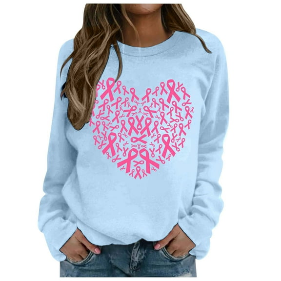 Cancer Sweatshirt for Women Pink Ribbon Long Sleeve Cancer Awareness T-Shirt Cancer Survivor Crew-Neck Tops (Blue, XXL)