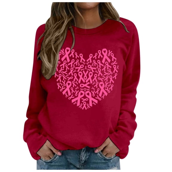 Breast Cancer Sweatshirt for Women Pink Ribbon Long Sleeve Breast Cancer Awareness T-Shirt Cancer Survivor Crew-Neck Tops (Red, M)