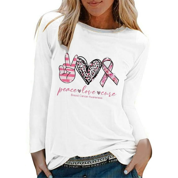 Breast Cancer Sweatshirt for Women Ribbon Gesture Print Awareness Pullover Long Sleeve Loose Fit Casual T Shirt (Small, White)