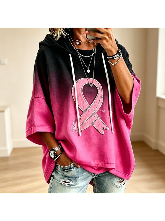 Breast Cancer Sweatshirts Comfort Fall Oversized Hoodies For Women 3/4 Sleeve Pink Ribbon Sweatshirt Comfort Cute Pullover Hoodie Loose Fitting October Crewneck Sweaters