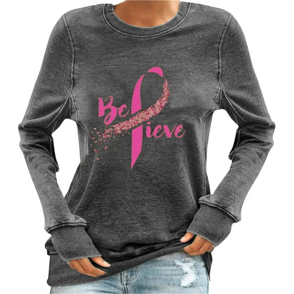 Breast Cancer Sweatshirts Womens Vintage Loose Fit Casual Pullover Crew Neck Sweatshirt Long Sleeve Tops (S, Gray)