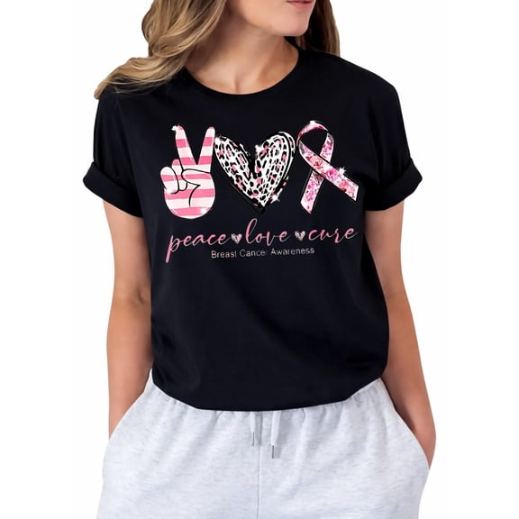 Breast Cancer T Shirt Women Pink Ribbon Shirts Funny Letter Print Cancer Fighter Tees Short Sleeve Crew-Neck Tops