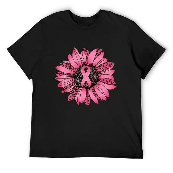 Breast Cancer T Shirts for Men Cancer Fight Tee Tops Ribbon Flower Graphic Tunic Blouse 2023 Fall Trendy Clothes Black Large