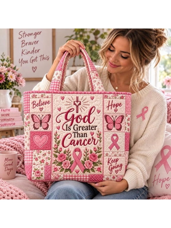 Breast Cancer Tote Bag, Pink Ribbon Quilted Bag, Faith Hope Survivor Gift, Women Care Bag for Her, Gifts for Women Carryall