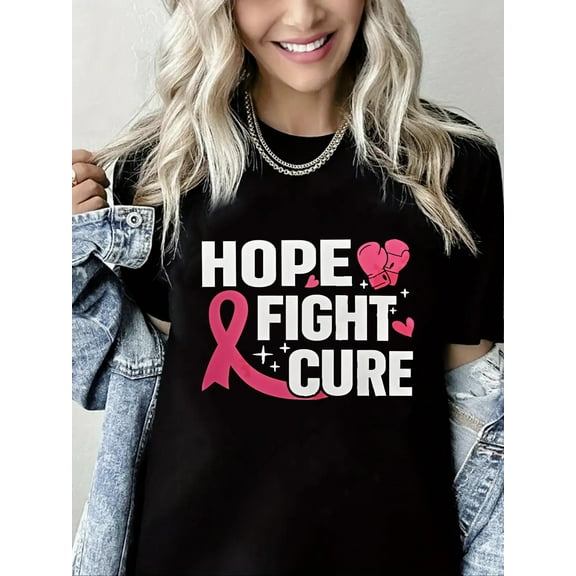 Breast Cancer Tshirt Hope Fight Cure Print Short Sleeve Shirt for Women