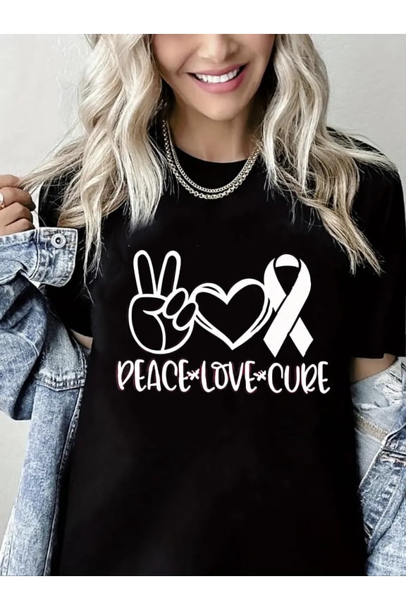 Breast Cancer Tshirt Peace Love Cure Print Short Sleeve Shirt for Women