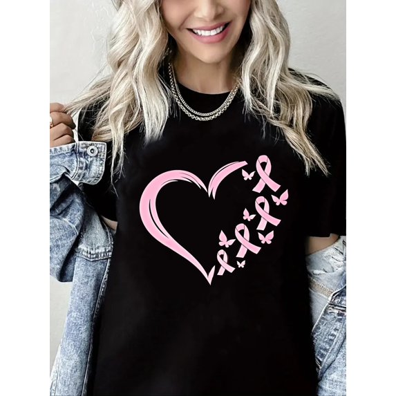 Breast Cancer Tshirt Pink Ribbon Heart Print Short Sleeve Shirt for Women