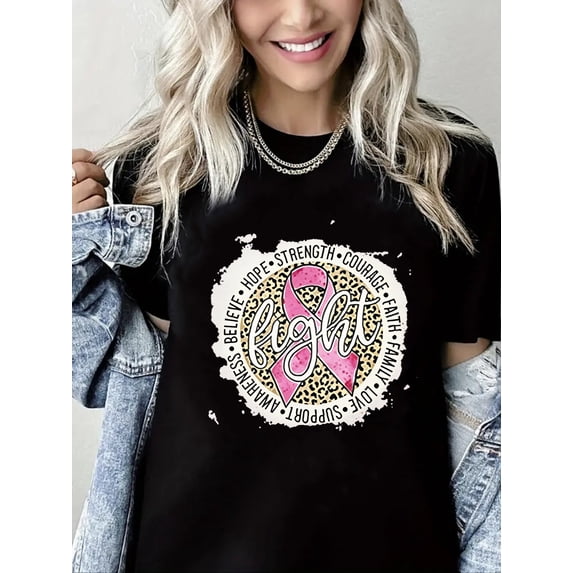 Breast Cancer Tshirt Pink Ribbon Print Short Sleeve Shirt for Women