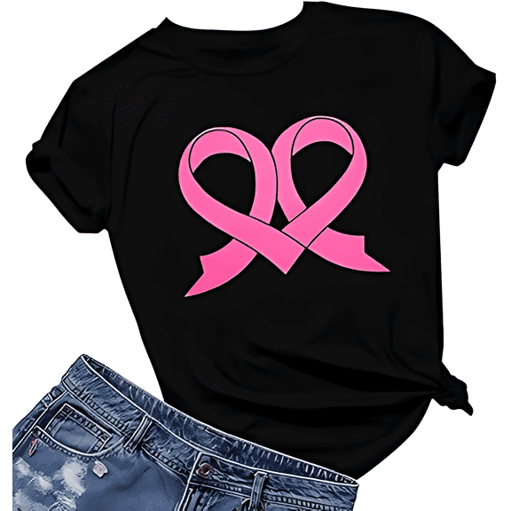 Breast Cancer Tshirt Pink Ribbon Print Short Sleeve Shirt for Women