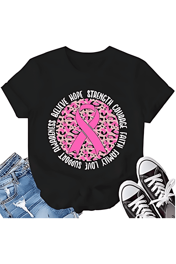Breast Cancer Tshirt Pink Ribbon Print Short Sleeve Shirt for Women