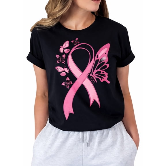 Breast Cancer Tshirt for Women Pink Ribbon Print Awareness Support Tops Inspirational Blouse