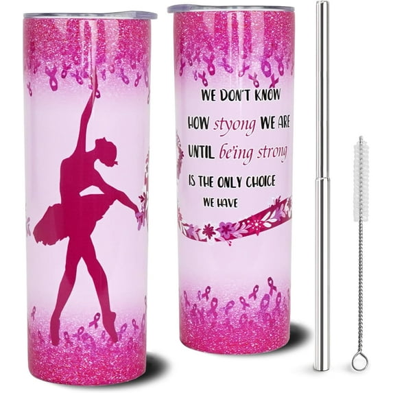 Breast Cancer Tumbler 20oz Gift For Women Awareness Gifts Pink Ribbon Cancer Survivor Presents Encouragement Gifts Insulated stainless steel skinny Tumbler With Lid Straw And Brush