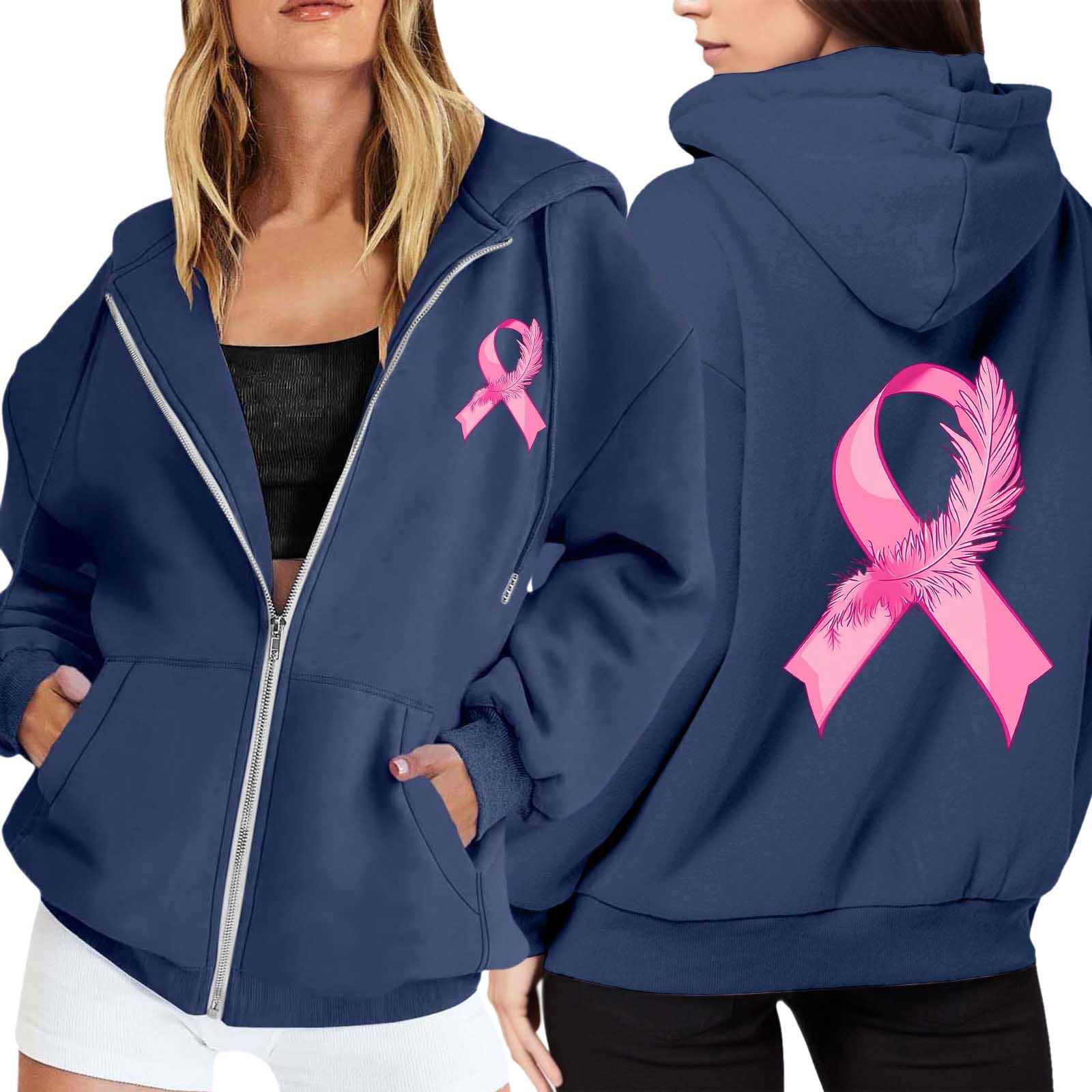 Breast Cancer Zip Up Hoodie Women Pink Ribbon Breast Cancer Awareness ...