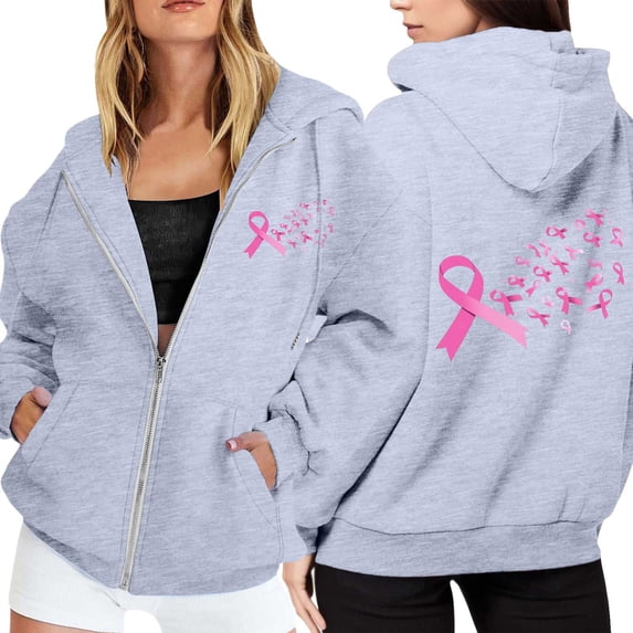 Breast Cancer Zip Up Hoodie Women Pink Ribbon Breast Cancer Awareness Hoodies Long Sleeve Jacket with Pockets