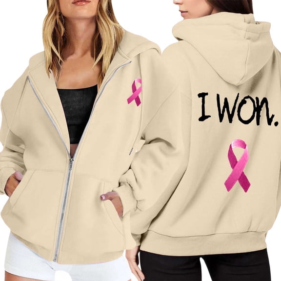 Breast Cancer Zip Up Hoodie for Women Pink Ribbon Graphic Jackets Fall Winter Oversized Sweatshirt with Pocket