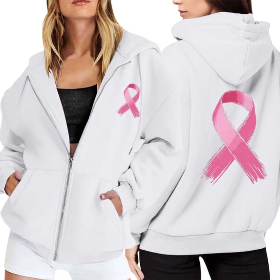 Breast Cancer Zip Up Hoodies For Women Oversized Pink Ribbon Track Jackets