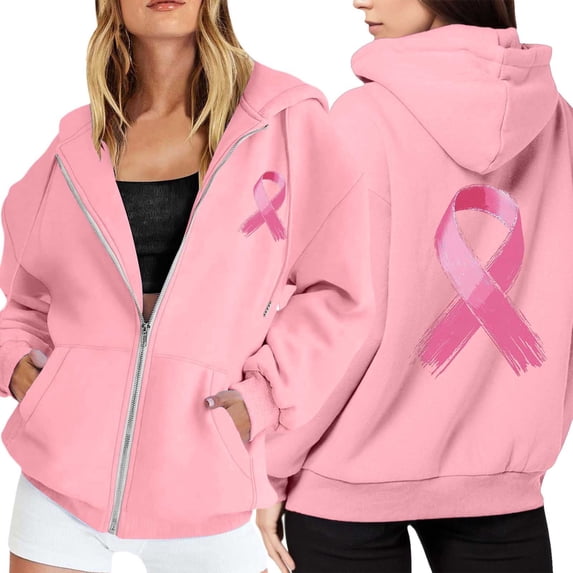 Breast Cancer Zip Up Hoodies For Women Oversized Pink Ribbon Track Jackets