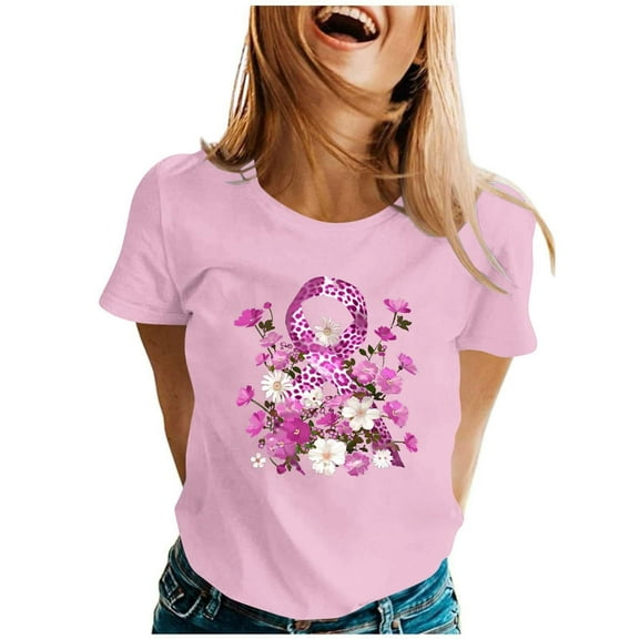 Caner Shirts for Women Pink Ribbon Graphic Short Sleeve Crewneck Tops Cancer Awareness Inspirational Casual Tees A006-Pink S