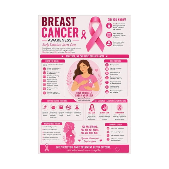 Breast Health Education Poster Pink Ribbon Awareness Guide for Community Centers Wellness Events Fundraising Decor