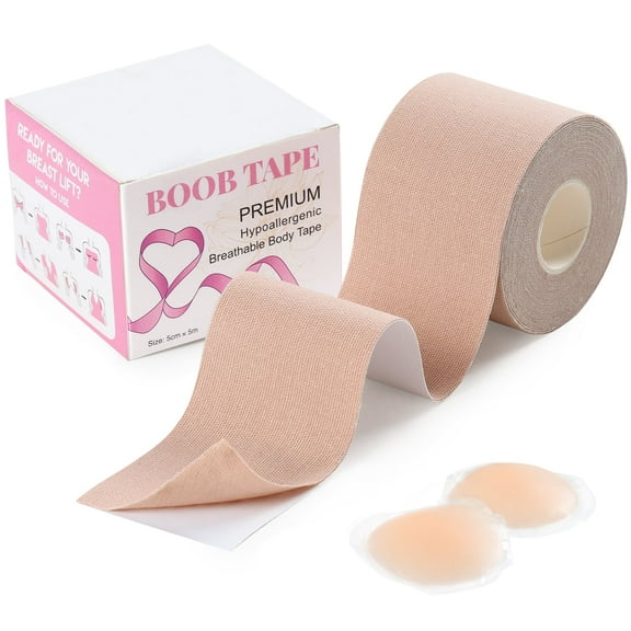 Breast Lift Boob Tape 2-inch Wide Includes Nipple Covers Invisible BodyTape for Large Breast Breathable Push up Waterproof Reusable Adhesive Bra