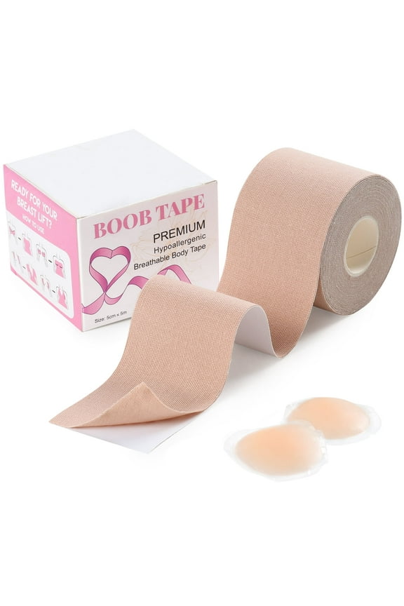 Breast Lift Boob Tape 2-inch Wide Includes Nipple Covers Invisible BodyTape for Large Breast Breathable Push up Waterproof Reusable Adhesive Bra