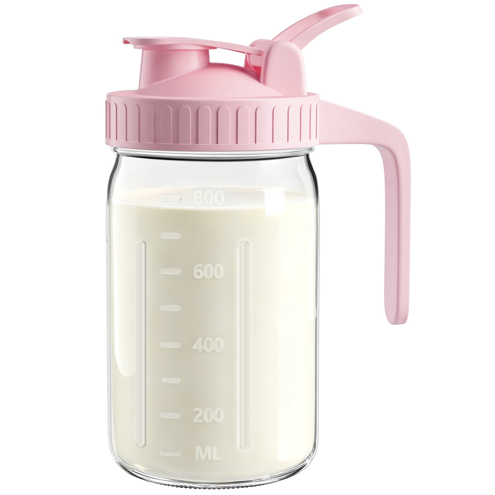 Breast Milk Pitcher 32oz Mason Jar with Wide Mouth and Handle-Pink Glass Pitcher with Flip Cap Lid and Pour Spout Airtight Seal for Cold Beverages