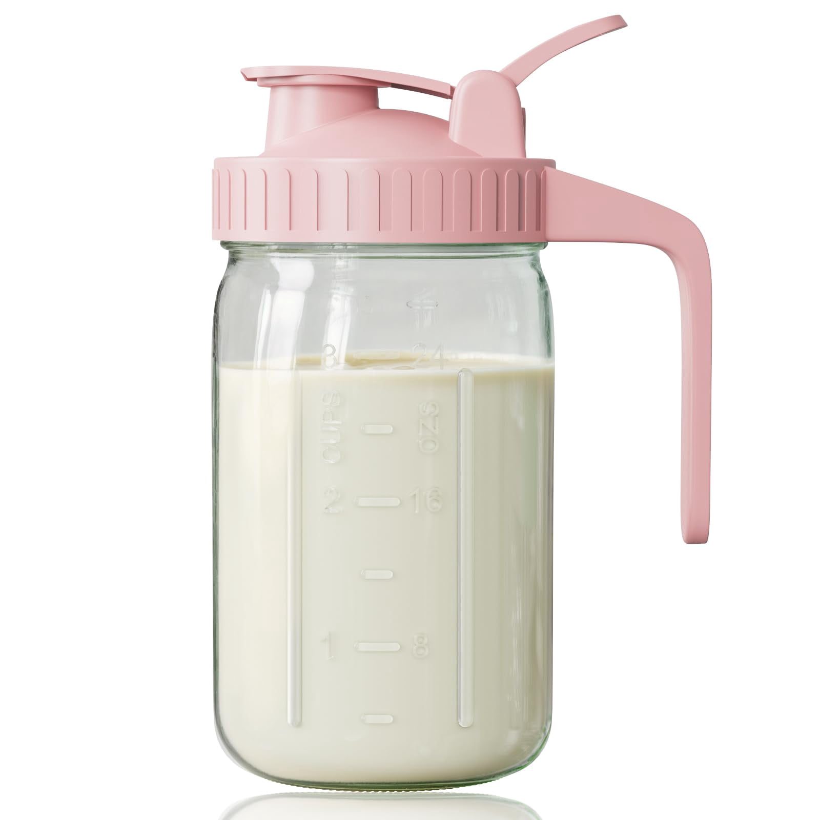 Breast Milk Pitcher  Mason Jar 32 Oz Heavy Duty Wide Mouth With Pink Flip Cap Lid And Pour Spout Airtight Seal For Freshness Convenience Great Cold Beverages Home Entertaining