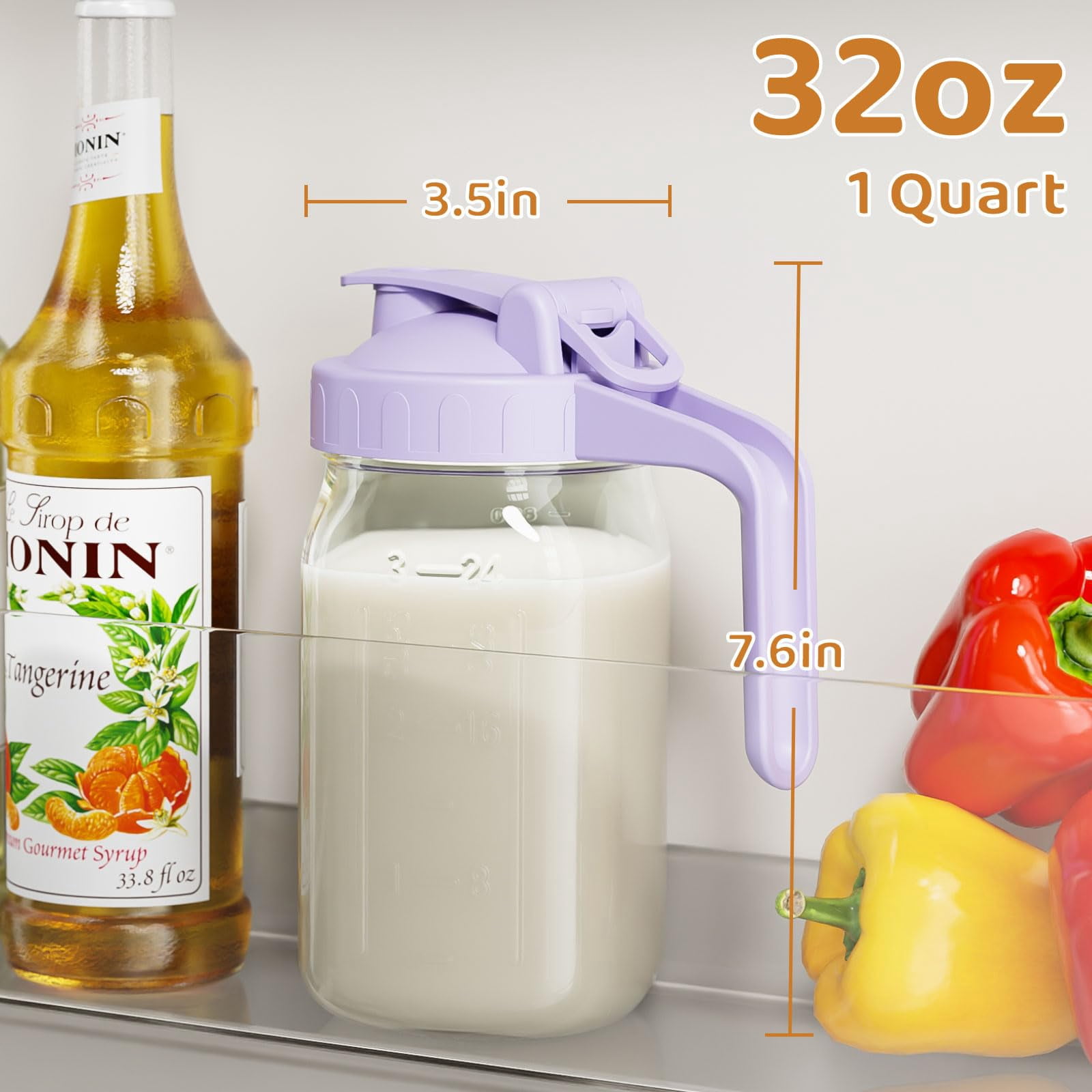 Breast Milk Pitcher  Mason Jar 32 Oz Heavy Duty Wide Mouth With Purple Flip Cap Lid And Pour Spout Formula Airtight Seal For Freshness Convenience Great Cold Beverages