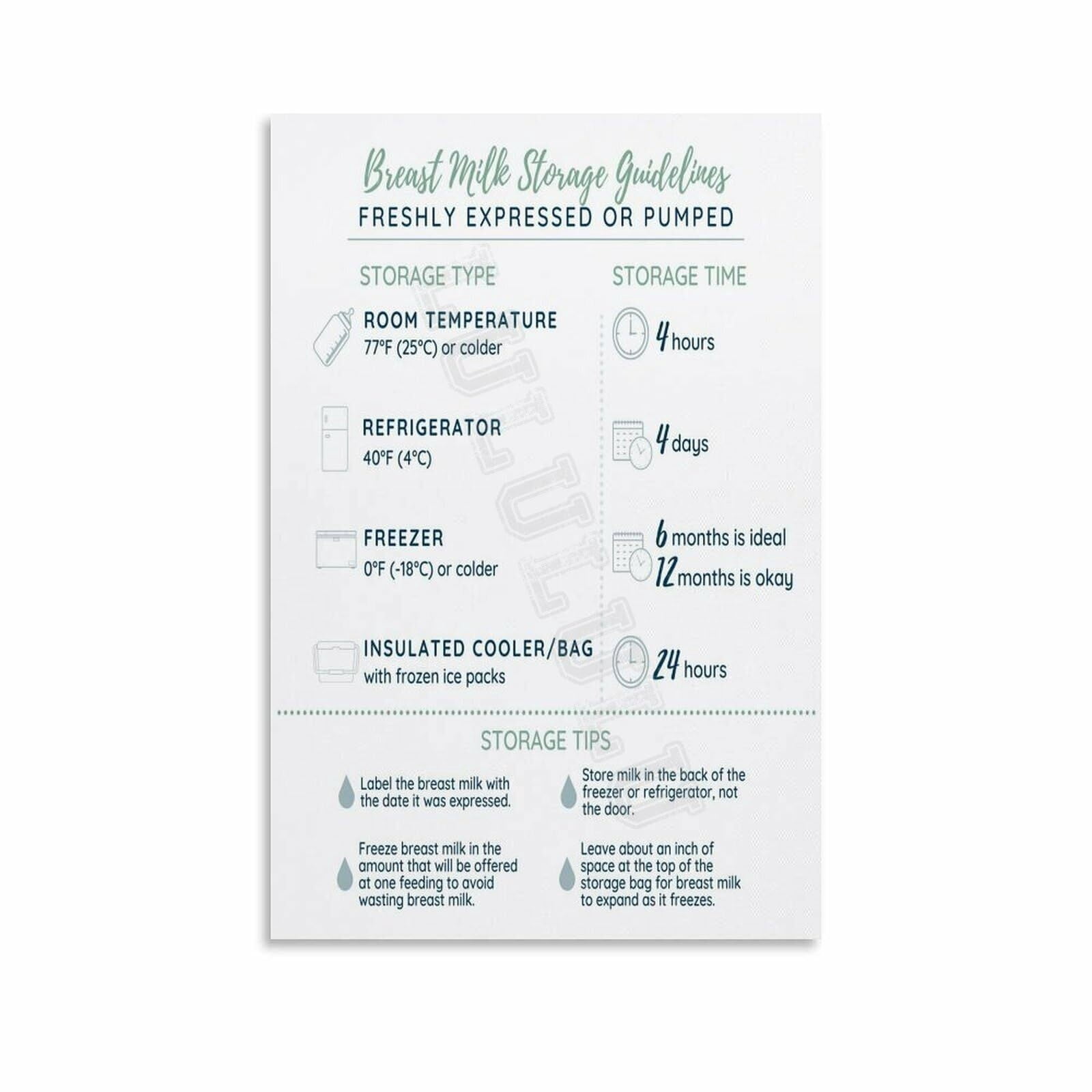 Breast Milk Storage Tips Poster Breastfeeding Guide (4) Canvas Painting