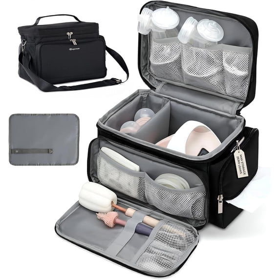 Breast Pump Storage Bag Compatible with Spectra S1 S2, Insulated Breast Pump Travel Bag, Pump Accessories Organizer with Waterproof Mat, Black