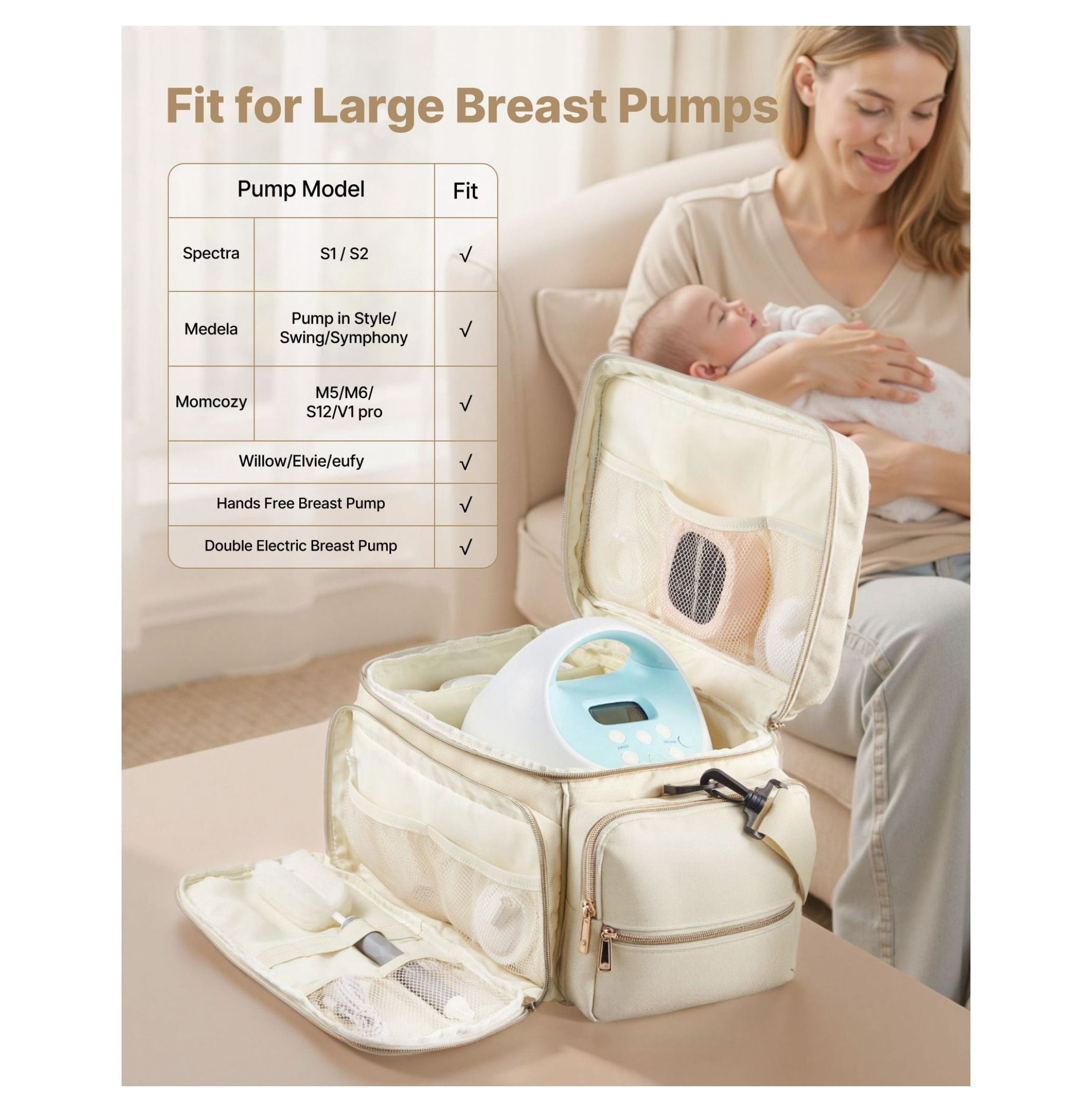 Breast Pump Bag, Portable Breastmilk Cooler for S1/S2, Travel Diaper Bag with Waterproof Mat, Fits Pumping Accessories, Bottles & More - Beige