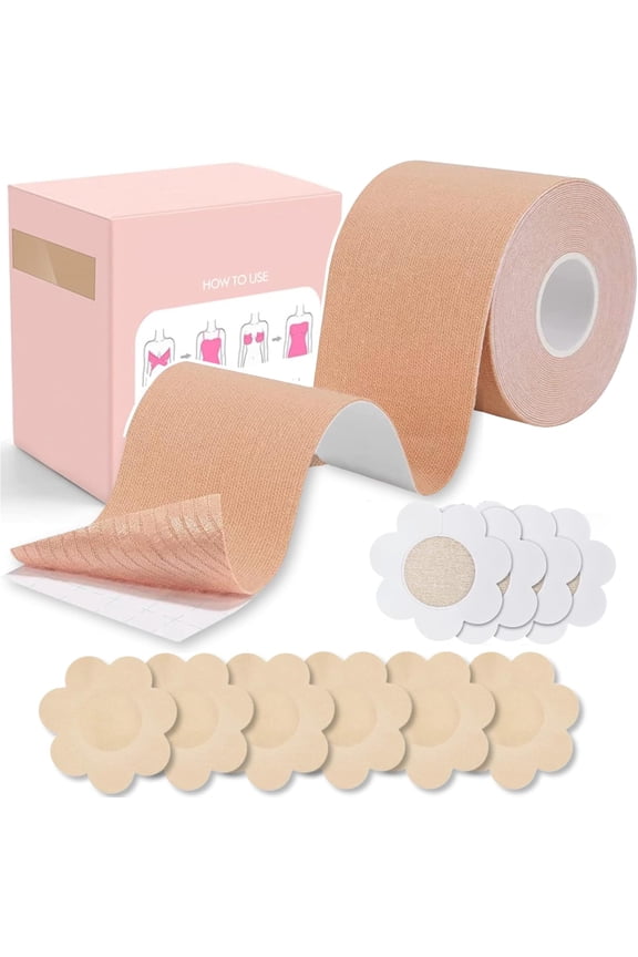 Breast Tape Adhesive Bra Push Up, Boobiape for Large Breasts, Breast Tightening Band Bra with 5 Pairs of Disposable Pads and 36 Fashion Tape, Adhesive Bra Push Up Breast Tape Cover for