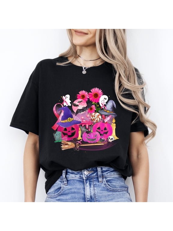 Breast cancer Halloween Unisex T-Shirt Pink ribbon cancer awareness spooky tee B