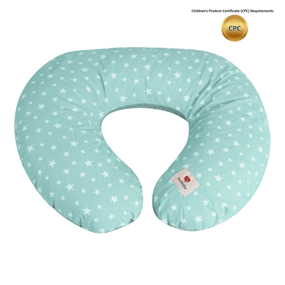 Multifunctional, Ergonomic 100% Cotton Nursing Pillow for Breastfeeding, support, tumy time. Original Standard Size, Removable Cover. Mint, Amamantas