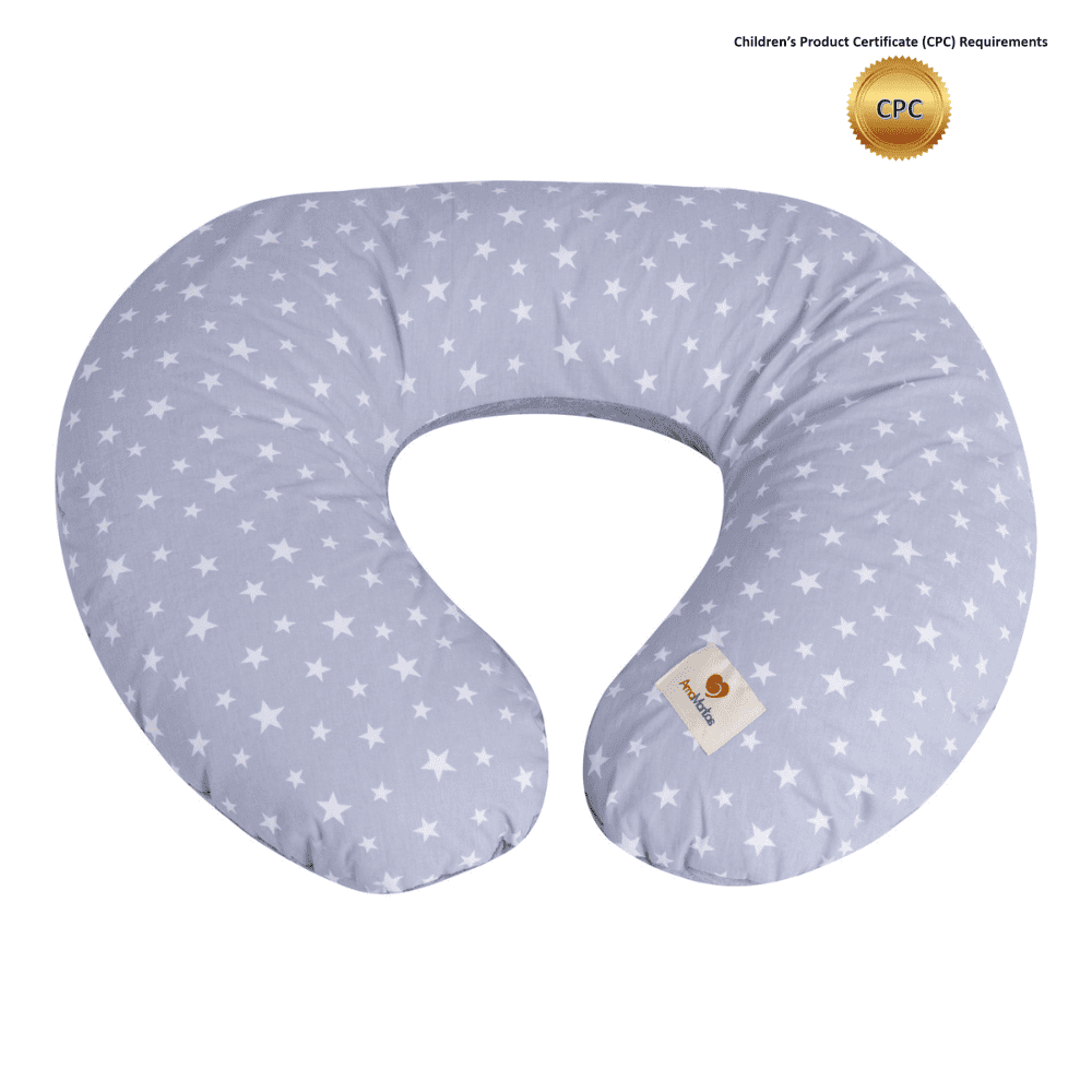 Multifunctional, Ergonomic 100% Cotton Nursing Pillow for Breastfeeding, support, tumy time. Original Standard Size, Removable Cover. Grey, Amamantas