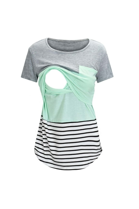 Maternity Round Neck Stripe Patchwork Short Sleeve Breast Feeding Pregnant Woman Nursing Blouse Tops T-Shirt Gray L