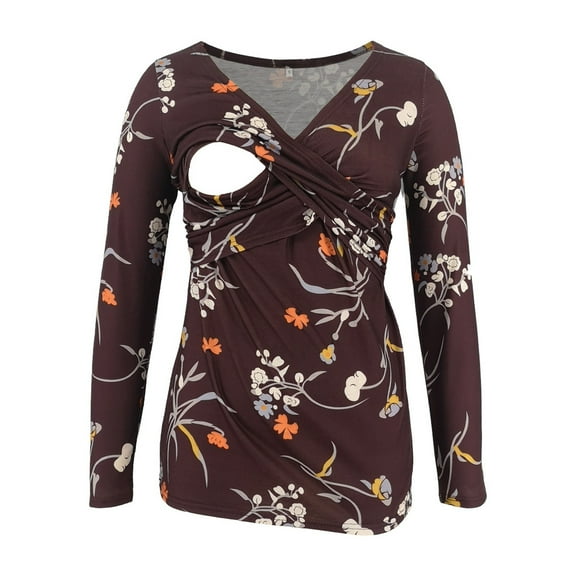 Breastfeeding Shirts Women Fall Winter Long Sleeve Maternity Clothes Flower Print V Neck Casual Nursing Tops for Breastfeeding Ropa De Embarazada
