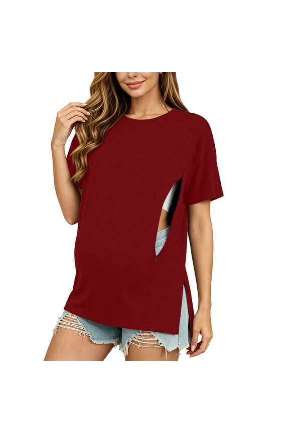 Breastfeeding Shirts for Women Hidden Zippers Short Sleeve Maternity Nursing Tunic Tops Summer Plus Size Soft Crew Neck Side Split T Shirts Casual Loose Fit Basic Tees Shirts Wine S