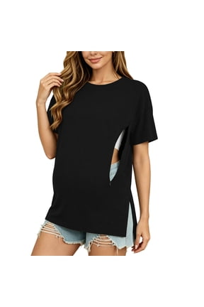 Breastfeeding Shirts for Women Hidden Zippers Short Sleeve Maternity Nursing Tunic Tops Summer Plus Size Soft Crew Neck Side Split T Shirts Casual Loose Fit Basic Tees Shirts Black S