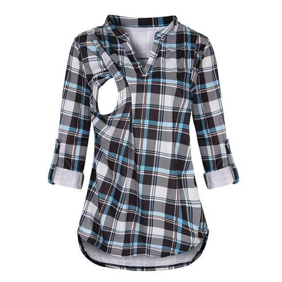 Breastfeeding Shirts For Women Sweatshirt Maternity V-Neck Plaid Long Sleeve Breast-Feeding Pregnant Woman Nursing Buttons Blouse Tops Maternity Blouses for Work Nursing Tshirt