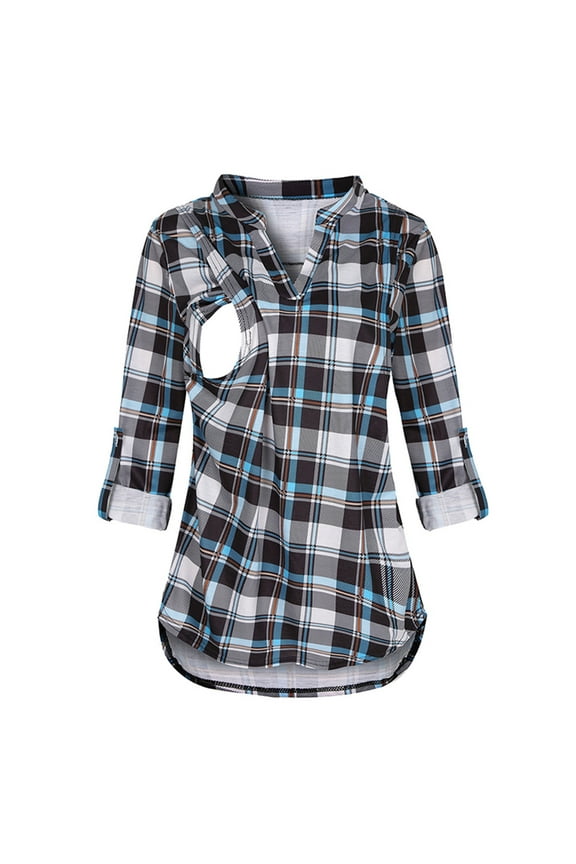 Breastfeeding Shirts For Women Sweatshirt Maternity V-Neck Plaid Long Sleeve Breast-Feeding Pregnant Woman Nursing Buttons Blouse Tops
