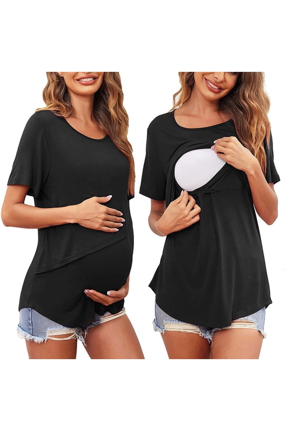 Breastfeeding T-Shirt Women's Short Sleeve Nursing Tops Ladies Layered Maternity Tees Solid Color Pregnancy Tshirts Crewneck Blouse Loose Fit Breast Feeding Clothes Black L